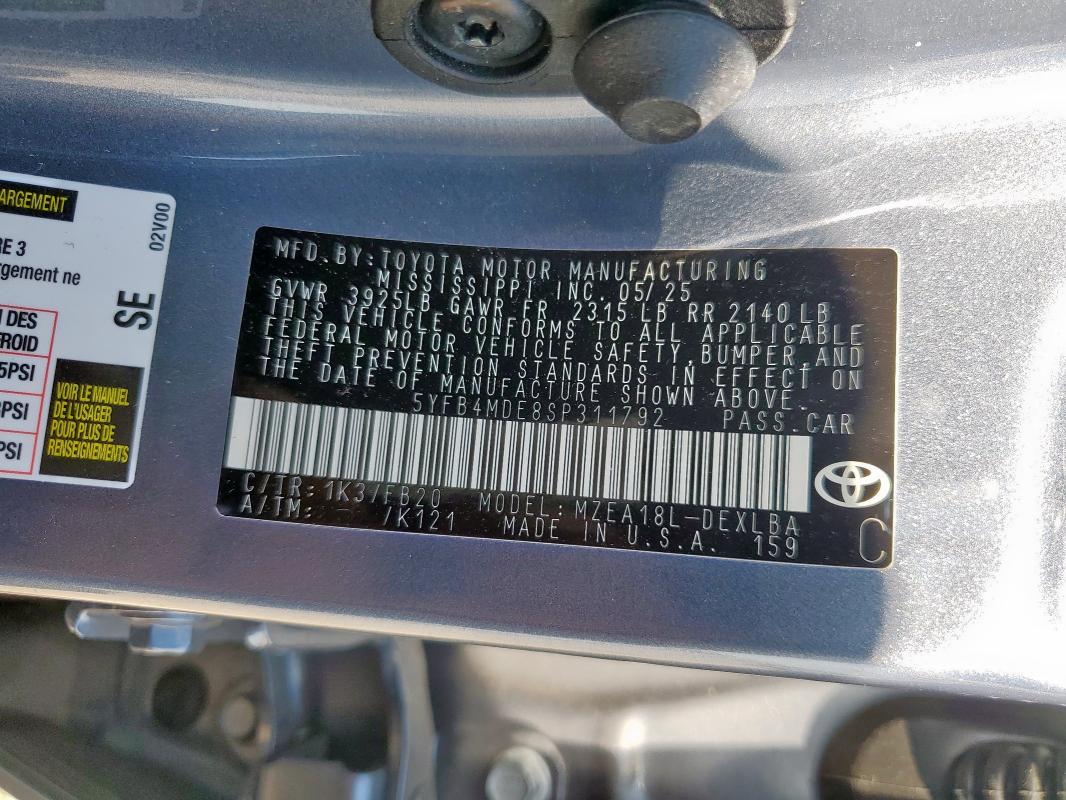 5YFB4MDE8SP311792 - 2025 TOYOTA COROLLA LE BLUE photo 12