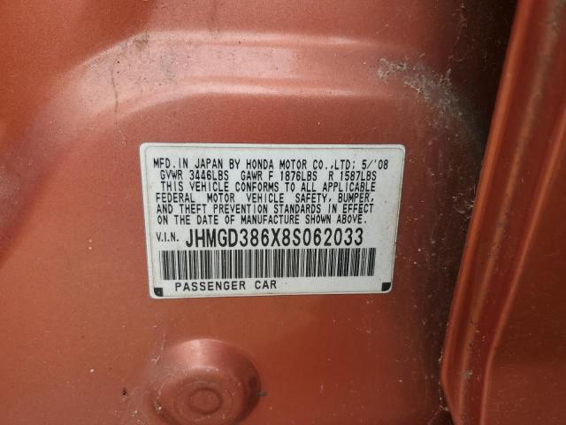 JHMGD386X8S062033 - 2008 HONDA FIT SPORT 橙色 照片 12