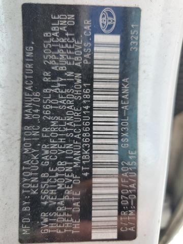 4T1BK36B66U141861 - 2006 TOYOTA AVALON XL 白色 照片 12