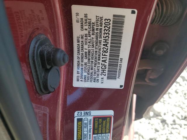 2HGFA1F82AH533203 - 2010 HONDA CIVIC EX RED photo 12