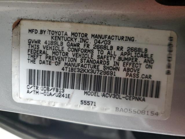 4T1BE32KX3U729691 - 2003 TOYOTA CAMRY LE 银色 照片 12