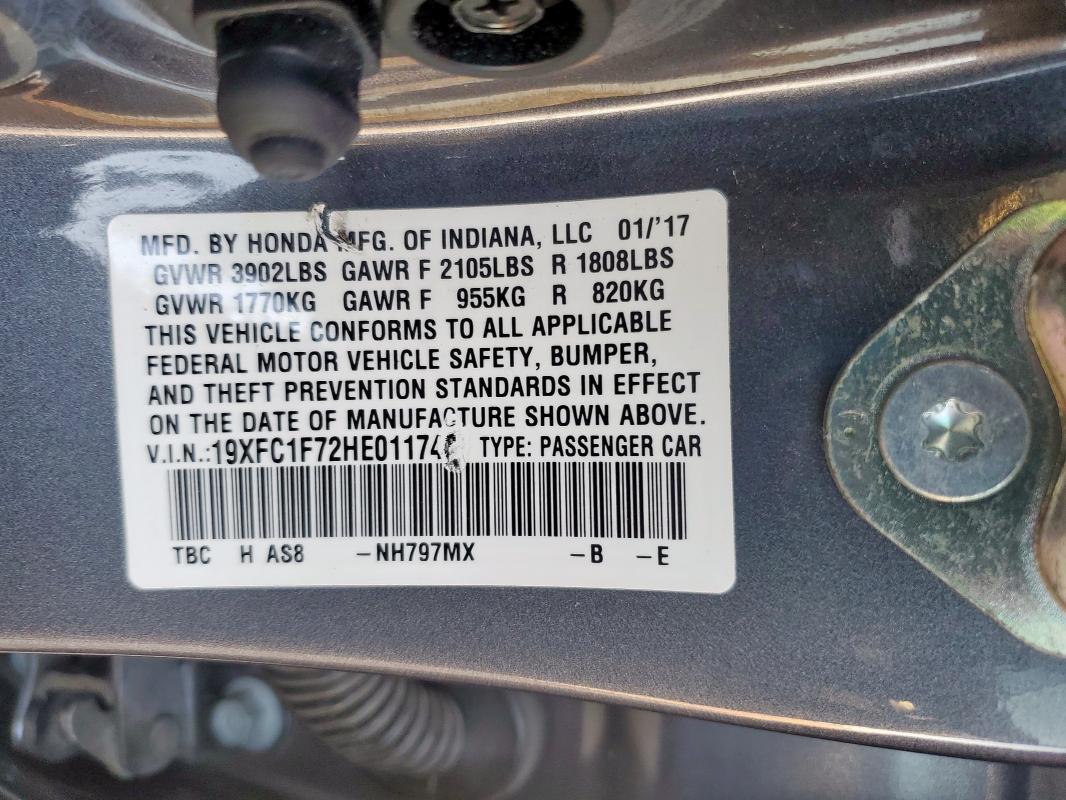 19XFC1F72HE011743 - 2017 HONDA CIVIC EXL GRAY photo 12