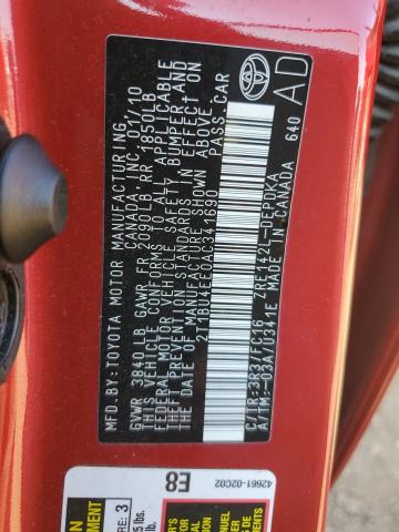 2T1BU4EE0AC341690 - 2010 TOYOTA COROLLA BASE 红色 照片 12
