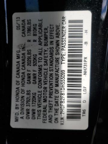 2HGFB2F81DH555099 - 2013 HONDA CIVIC EX 黑色 照片 12
