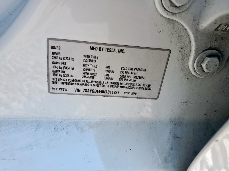 7SAYGDEE6NA011927 - 2022 TESLA MODEL Y WHITE photo 12