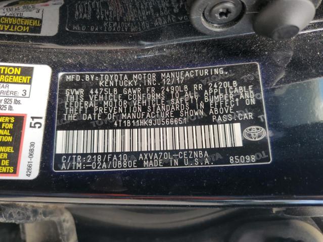 4T1B11HK9JU566651 - 2018 TOYOTA CAMRY L BLACK photo 12