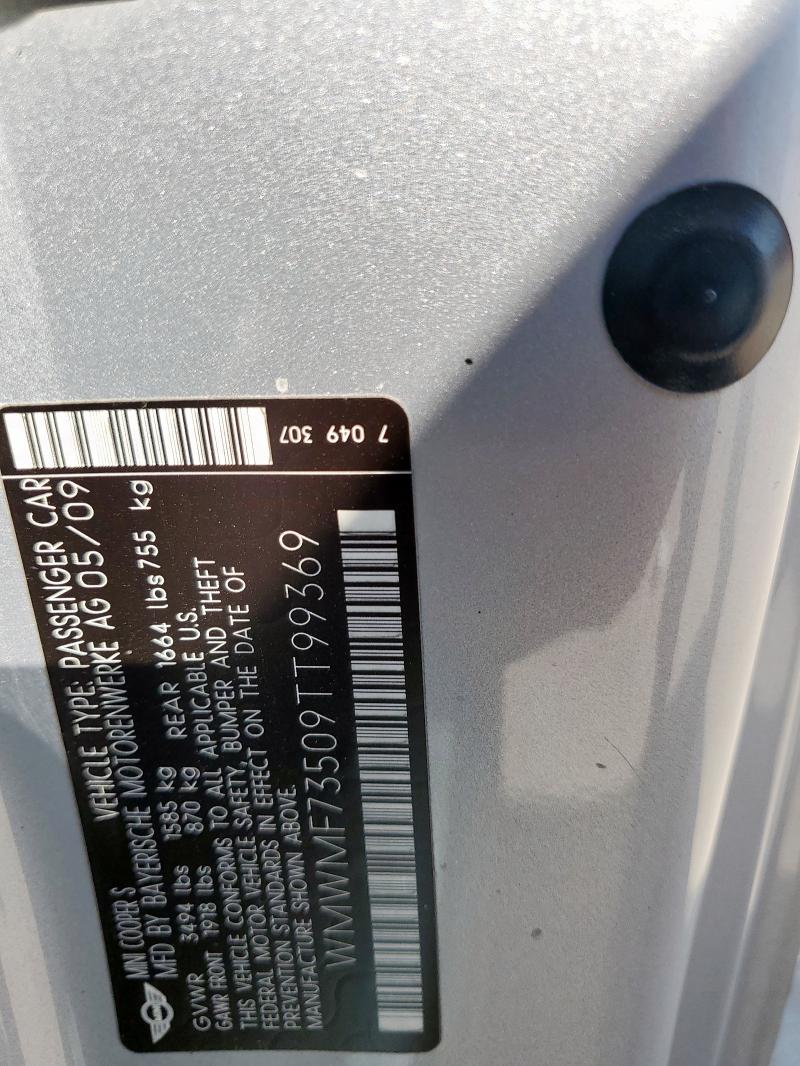 WMWMF73509TT99369 - 2009 MINI COOPER S ვერცხლისფერი ფოტო 12