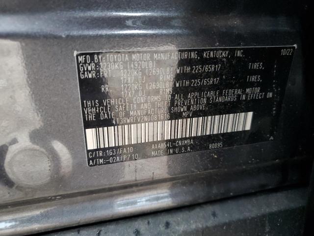 4T3RWRFV2NU081616 - 2022 TOYOTA RAV4 XLE GRAY photo 12