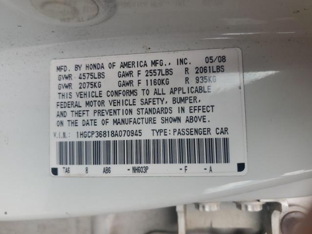 1HGCP36818A070945 - 2008 HONDA ACCORD EXL WHITE photo 12