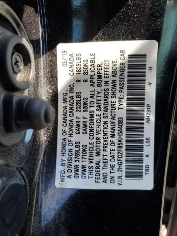2HGFC2F85KH544083 - 2019 HONDA CIVIC SPORT أسود صورة 12