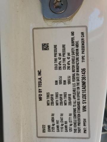 5YJ3E1EA0NF361436 - 2022 TESLA MODEL 3 WHITE photo 12