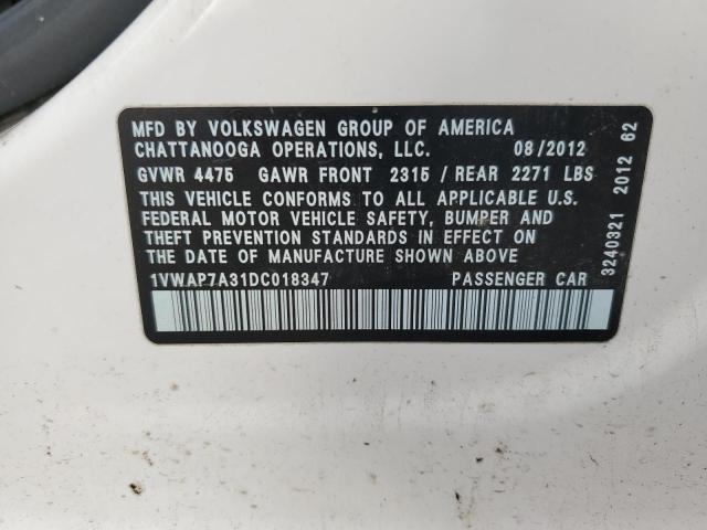 1VWAP7A31DC018347 - 2013 VOLKSWAGEN PASSAT S WHITE photo 12