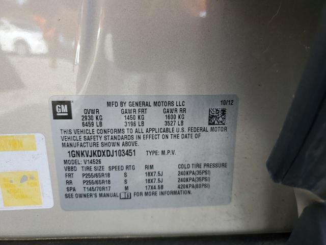 1GNKVJKDXDJ103451 - 2013 CHEVROLET TRAVERSE LT CREAM photo 13