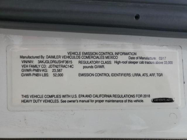 3AKJGLDR0JSHF3615 - 2018 FREIGHTLINER CASCADIA 1 أبيض صورة 10