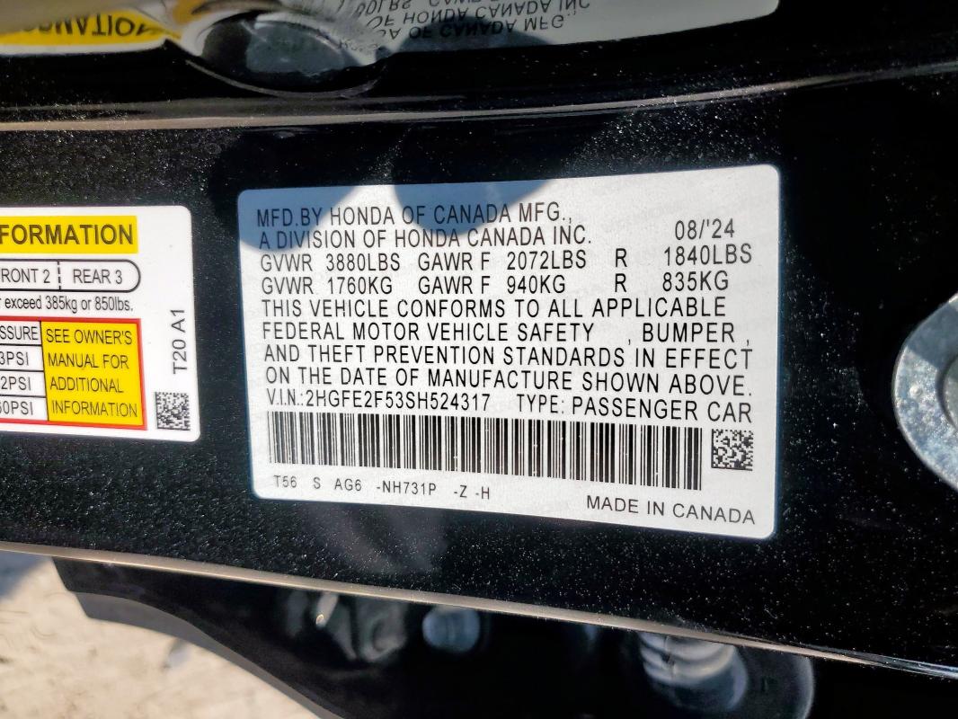 2HGFE2F53SH524317 - 2025 HONDA CIVIC SPORT Қара фото 12