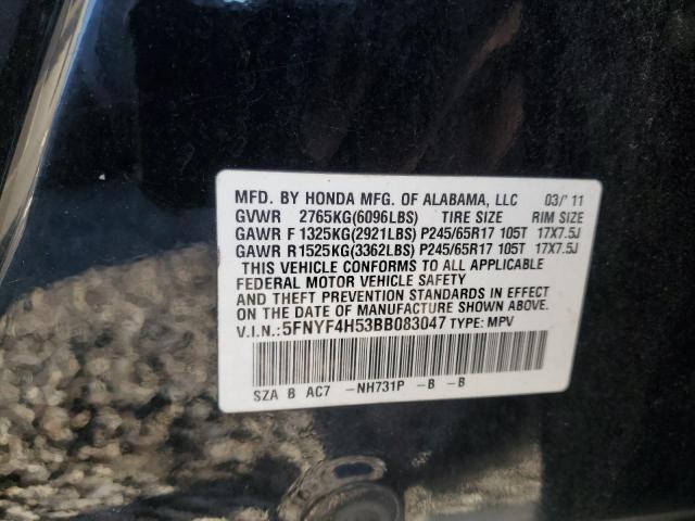 5FNYF4H53BB083047 - 2011 HONDA PILOT EXL შავი ფოტო 13