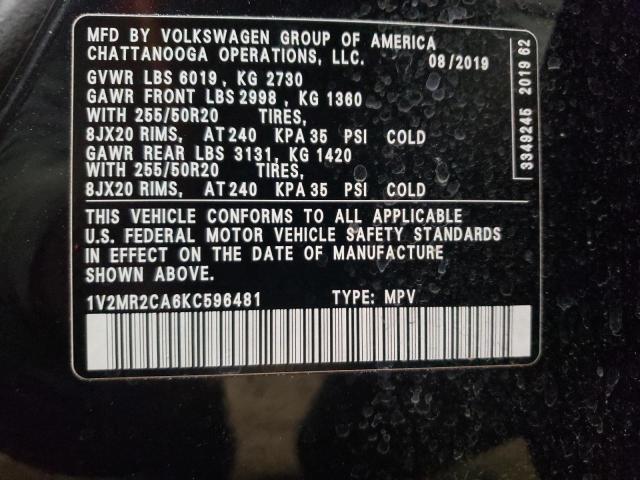 1V2MR2CA6KC596481 - 2019 VOLKSWAGEN ATLAS SEL BLACK photo 13