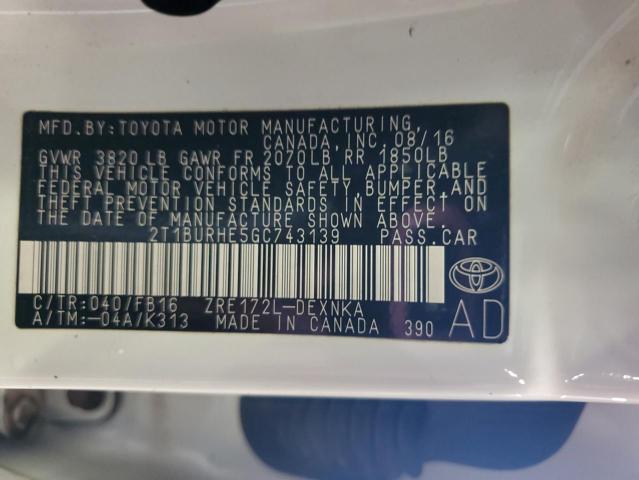 2T1BURHE5GC743139 - 2016 TOYOTA COROLLA L WHITE photo 12