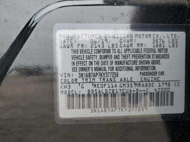 3N1AB7AP7KY377259 - 2019 NISSAN SENTRA S შავი ფოტო 12