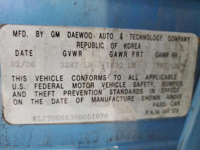 KL1TG66636B651070 - 2006 CHEVROLET AVEO LT ლურჯი ფოტო 12