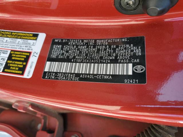 4T1BF3EK2AU521424 - 2010 TOYOTA CAMRY BASE 红色 照片 12