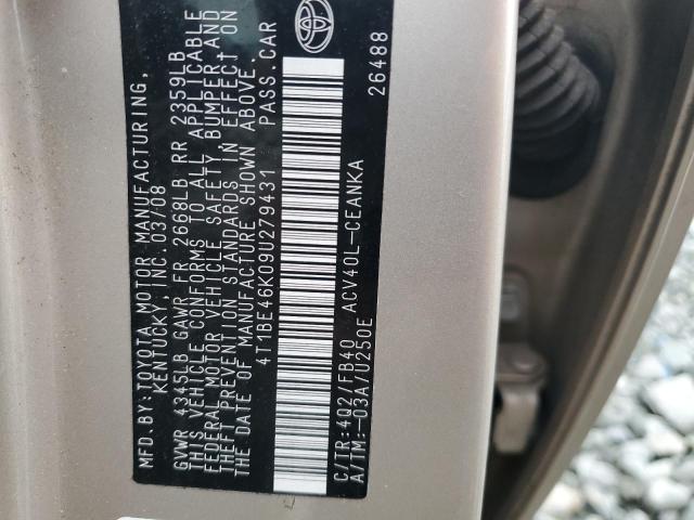 4T1BE46K09U279431 - 2009 TOYOTA CAMRY BASE CREAM photo 13
