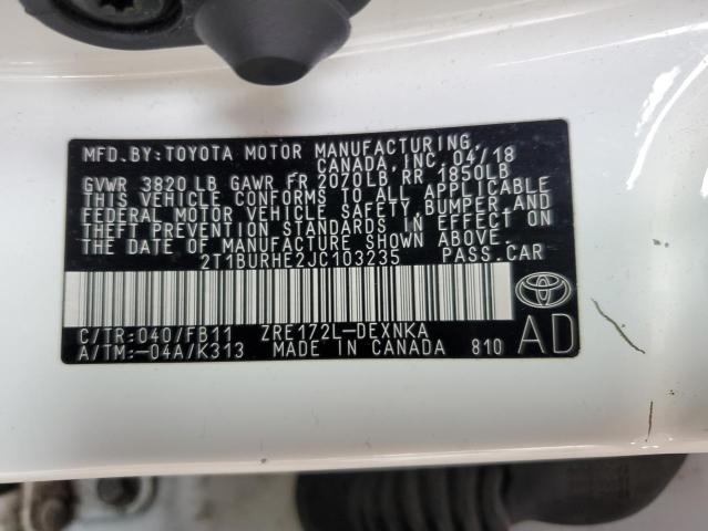 2T1BURHE2JC103235 - 2018 TOYOTA COROLLA L Blanc photo 13