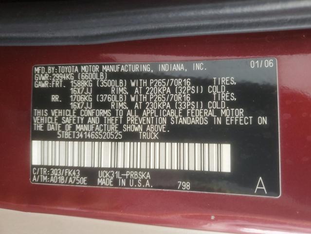 5TBET34146S520525 - 2006 TOYOTA TUNDRA DOUBLE CAB SR5 BURGUNDY photo 12