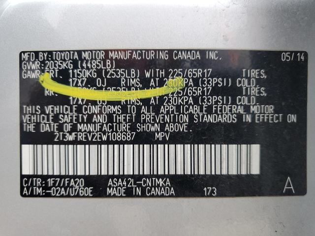 2T3WFREV2EW108687 - 2014 TOYOTA RAV4 XLE SILVER photo 12