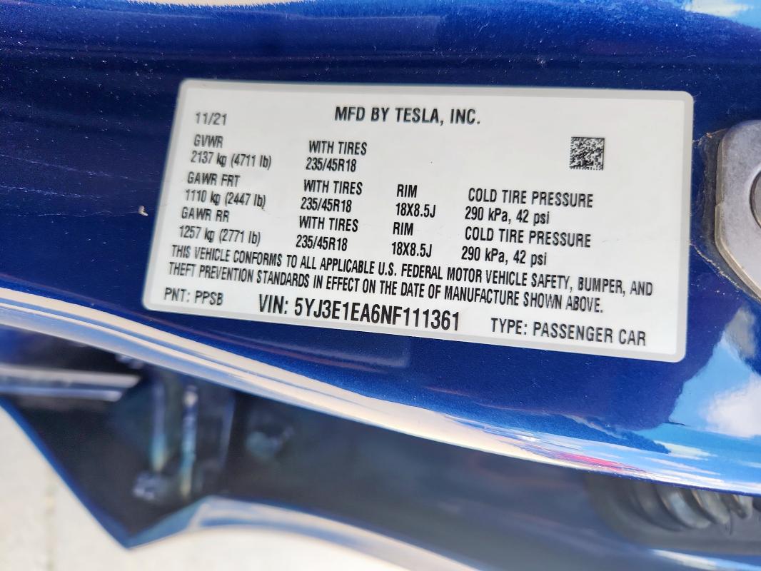 5YJ3E1EA6NF111361 - 2022 TESLA MODEL 3 BLUE photo 20