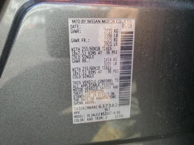 5N1DR2MN4KC637382 - 2019 NISSAN PATHFINDER S Մոխրագույն լուսանկար 13