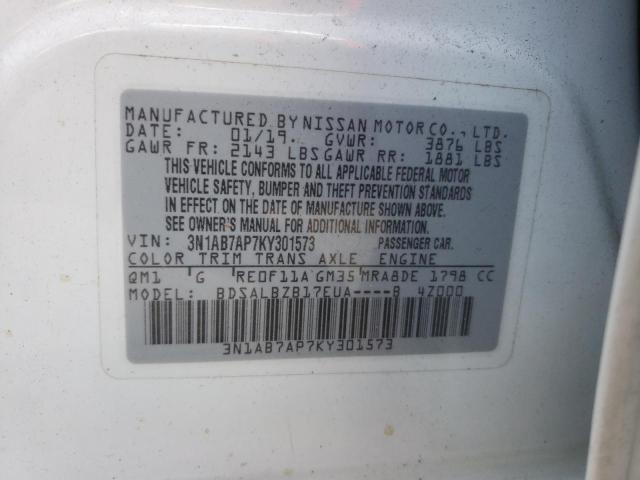 3N1AB7AP7KY301573 - 2019 NISSAN SENTRA S WHITE photo 13