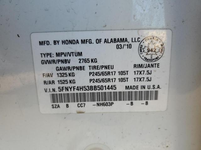 5FNYF4H53BB501445 - 2011 HONDA PILOT EXL თეთრი ფოტო 13