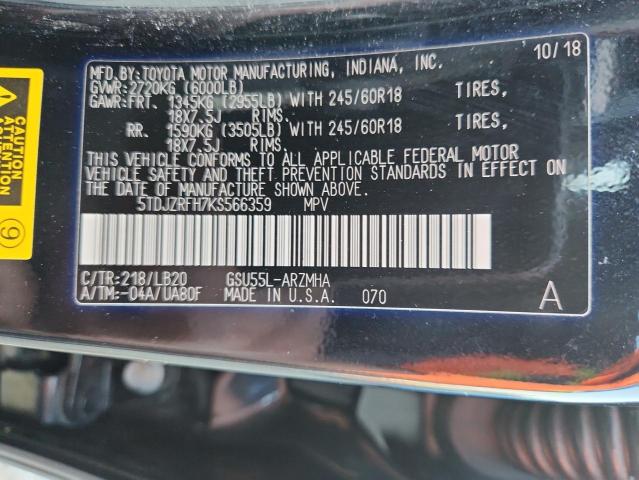 5TDJZRFH7KS566359 - 2019 TOYOTA HIGHLANDER SE BLACK photo 13