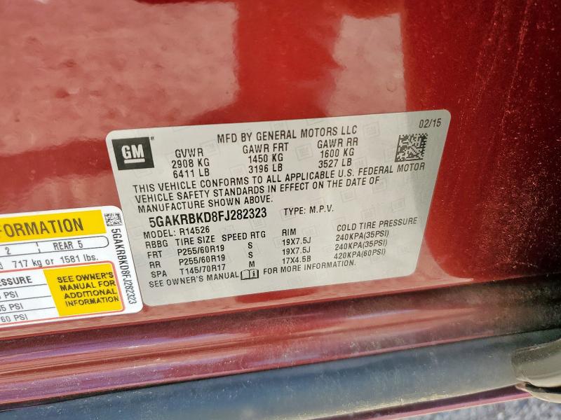 5GAKRBKD8FJ282323 - 2015 BUICK ENCLAVE 勃艮第红 照片 13