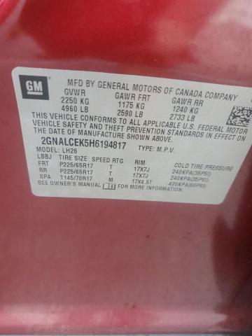 2GNALCEK5H6194817 - 2017 CHEVROLET EQUINOX LT Бордовый фото 13