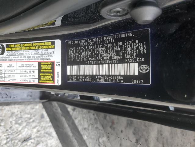 4T1B11HK1KU854195 - 2019 TOYOTA CAMRY L 黑色 照片 12