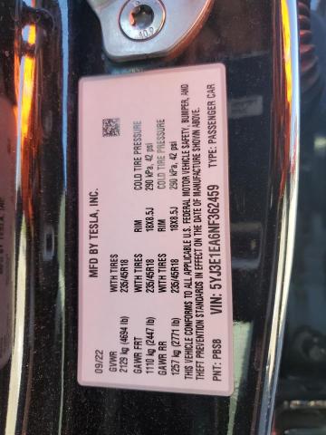 5YJ3E1EA6NF362459 - 2022 TESLA MODEL 3 黑色 照片 12