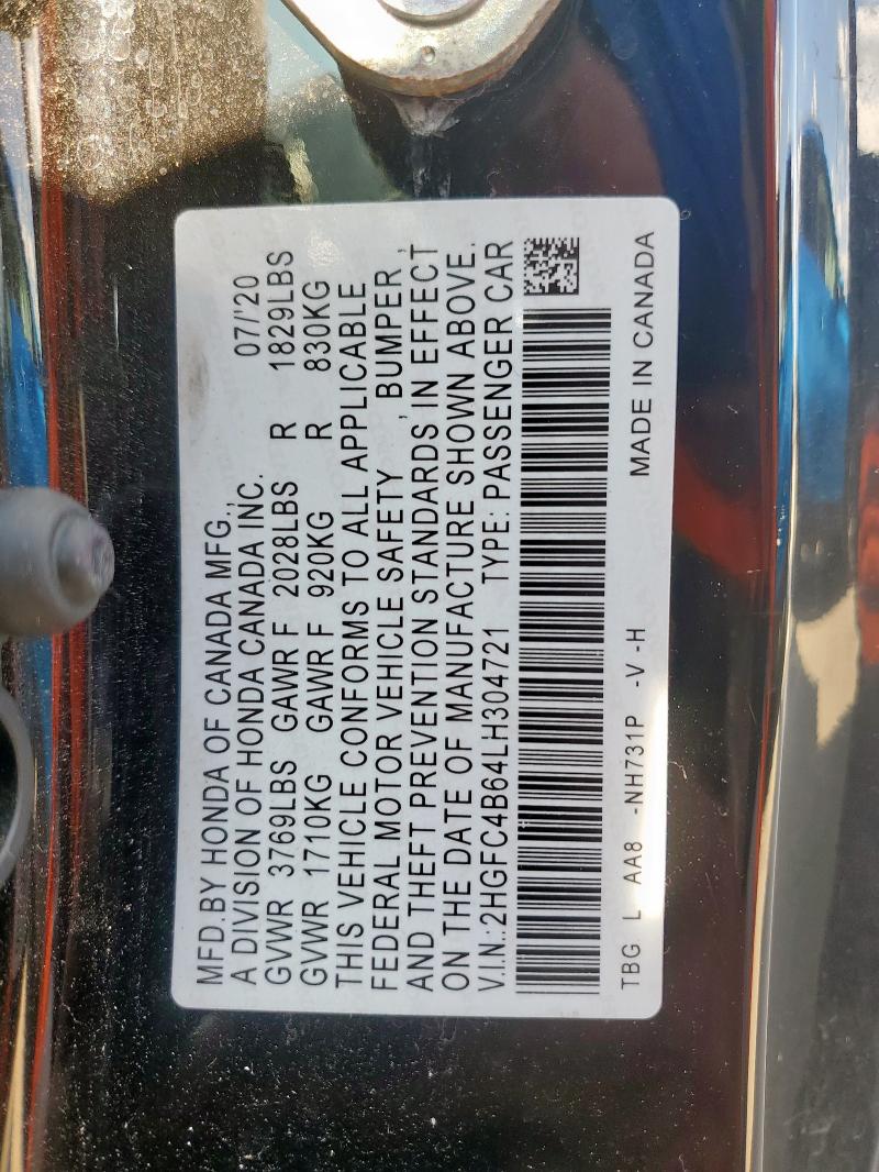 2HGFC4B64LH304721 - 2020 HONDA CIVIC LX BLACK photo 12