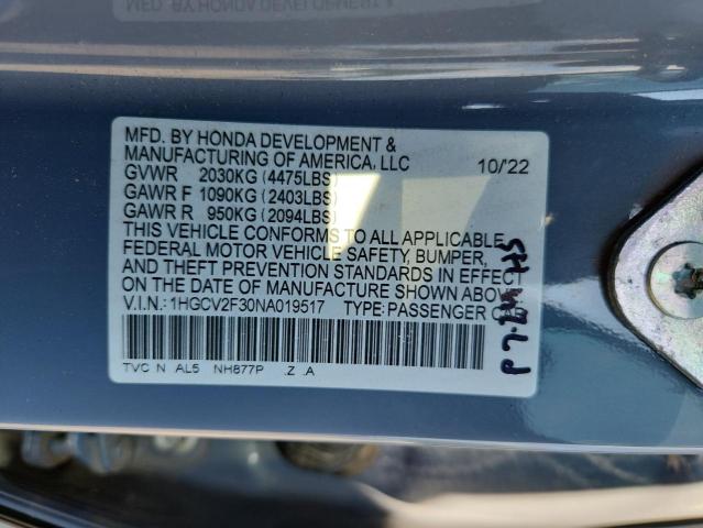 1HGCV2F30NA019517 - 2022 HONDA ACCORD SPORT 灰色 照片 12