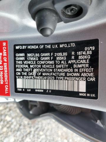 SHHFK7H40KU412023 - 2019 HONDA CIVIC SPORT Srebrny zdjęcie 12