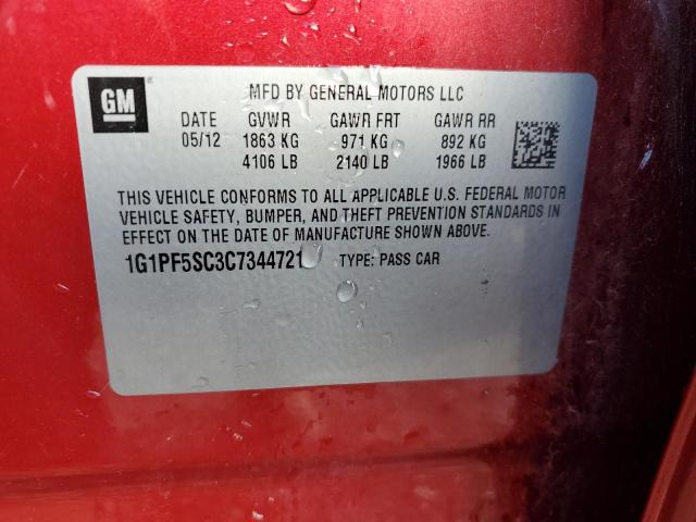 1G1PF5SC3C7344721 - 2012 CHEVROLET CRUZE LT MAROON photo 12