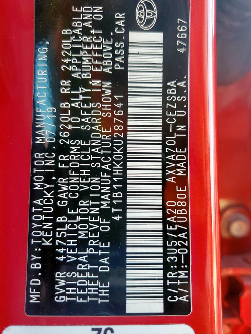 4T1B11HK0KU287641 - 2019 TOYOTA CAMRY L RED photo 12