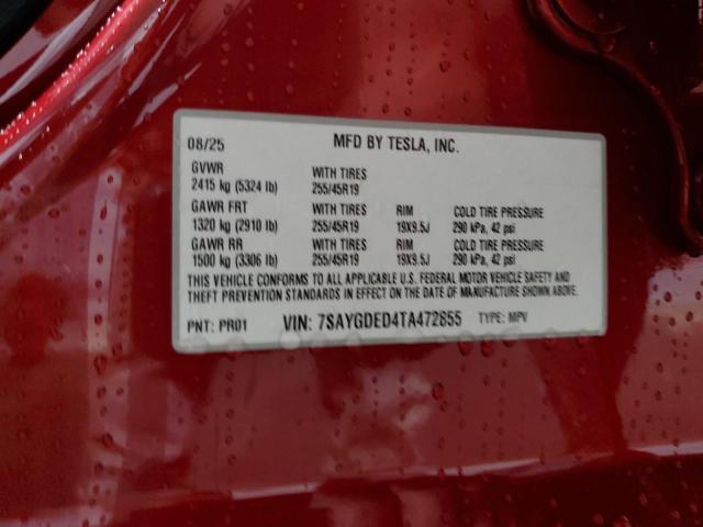 7SAYGDED4TA472855 - 2026 TESLA MODEL Y 红色 照片 12