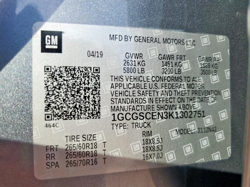 1GCGSCEN3K1302751 - 2019 CHEVROLET COLORADO LT GRAY photo 12