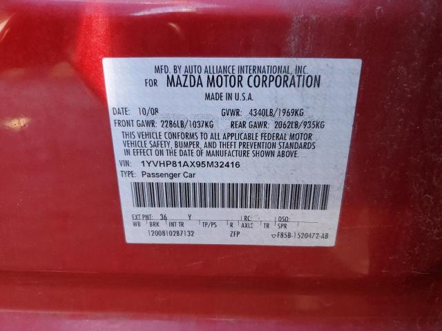 1YVHP81AX95M32416 - 2009 MAZDA 6 I 红色 照片 13