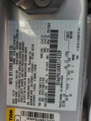 3FA6P0LU0KR174339 - 2019 FORD FUSION SE SILVER photo 12