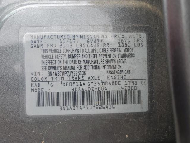 3N1AB7AP7JY226436 - 2018 NISSAN SENTRA S Szary zdjęcie 12