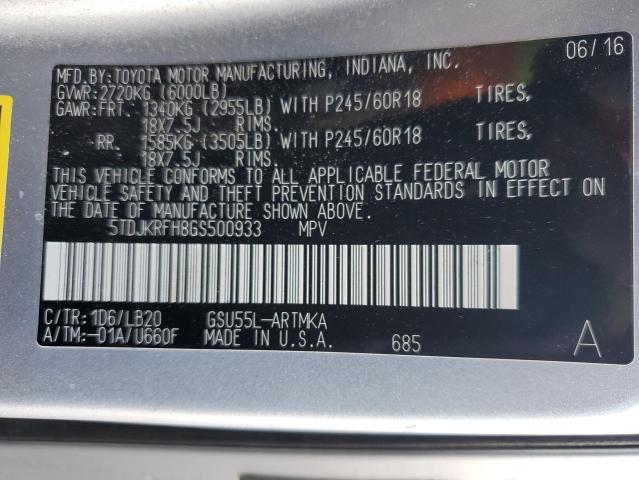 5TDJKRFH8GS500933 - 2016 TOYOTA HIGHLANDER XLE SILVER photo 14