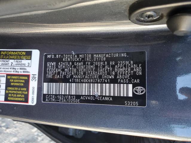 4T1BE46K48U787741 - 2008 TOYOTA CAMRY CE CHARCOAL photo 12